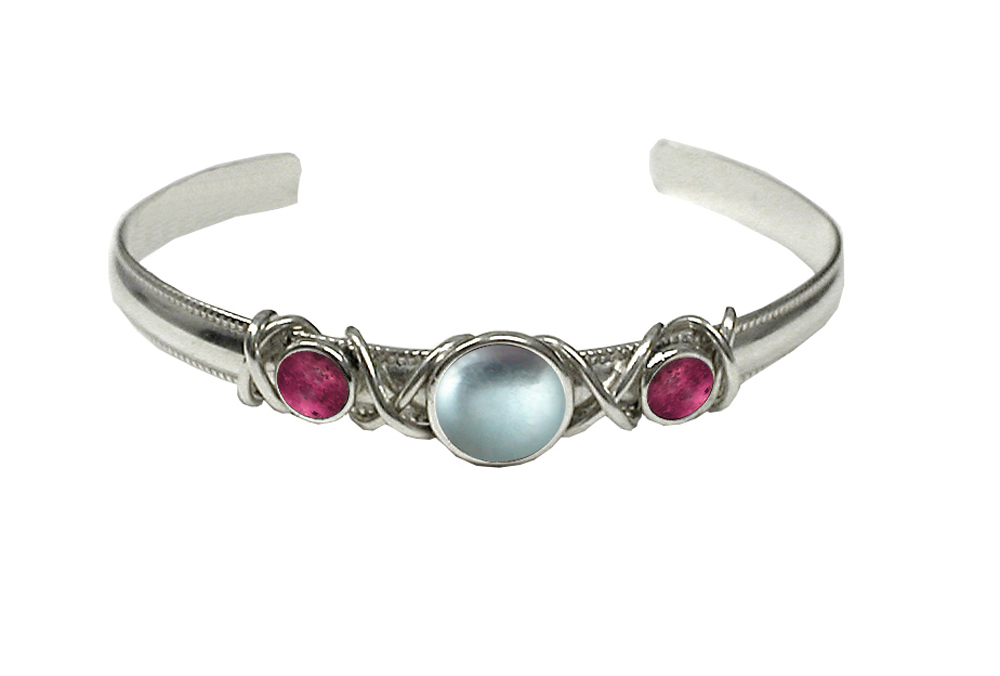 Sterling Silver Hand Made Cuff Bracelet With Blue Topaz And Pink Tourmaline